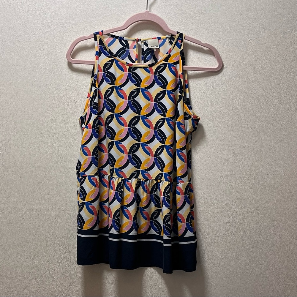 Ecru Chic Stylish Artsy Multicolor Silk Sleeveless Peplum Top, Sz M, Geometric